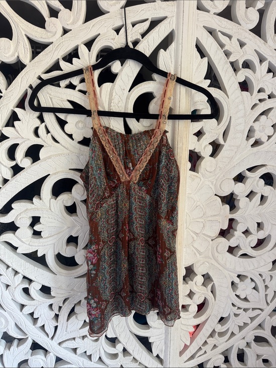 Vintage Tops - Vintage Y2K Silk Paisley Cami Rhinestone Lace Straps S